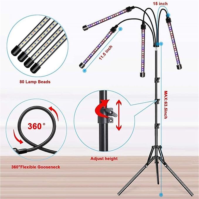40W LED Full Spectrum Grow Lamps with Bracket Dimmable Greenhouse Flower Adjustable Floor Plant Growing Lights with Timer