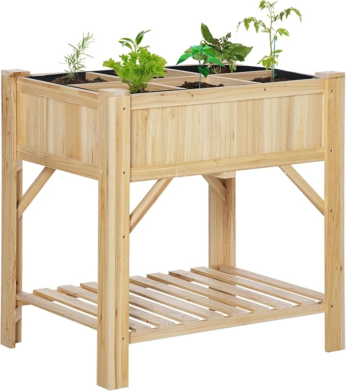 Outsunny Raised Garden Bed Wood 6 Grid 31 x 23 with Storage Shelf Water Draining Planter Box for Vegetables Flowers Herbs Patio