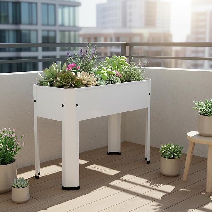 Raised Garden Bed with Legs 24×10.8×18 in Metal Elevated Raised Planter Box with Drainage Holes for Backyard Patio Balcony 80 lb Capacity - White