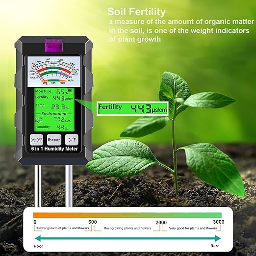 6-in-1 Soil Moisture Meter Hygrometer for Plants with Soil Moisture PH Meter Temperature Sunlight Fertility Environmental for Farming Gardening (2*AAA Battery Needed)