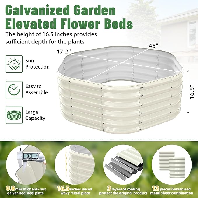 Hexagon Raised Garden Bed 48 Inch Diagonal &amp 16.5 Inch Tall Galvanized Steel Planter Box with Wave-Shaped Metal Panels for Outdoor FlowerTreeHerb &amp Vegetable Garden (Cream white 4FT X 1.5
