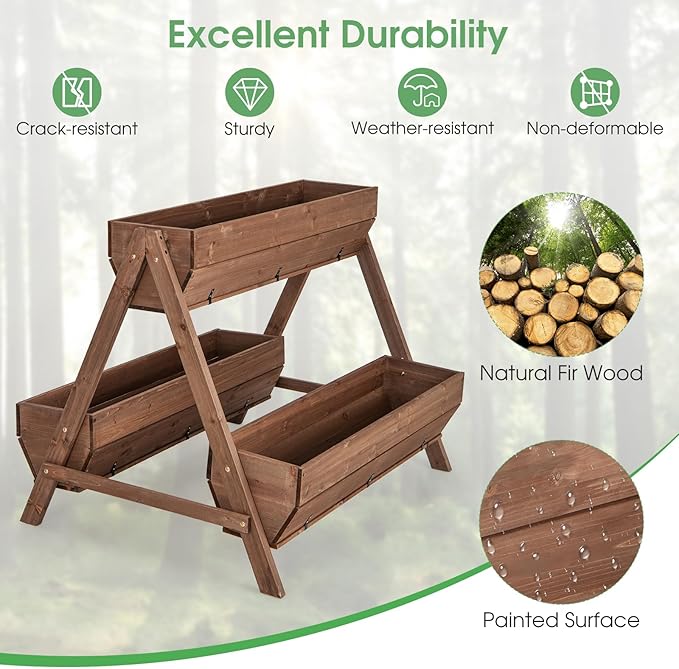 Giantex Vertical Raised Garden Bed 3 Large Wood Planter Boxes for Flower Vegetable Fruit Herb Freestanding Planter with Drain Holes Elevated Raised Beds for Indoor Outdoor Lawn Patio Yard Brown
