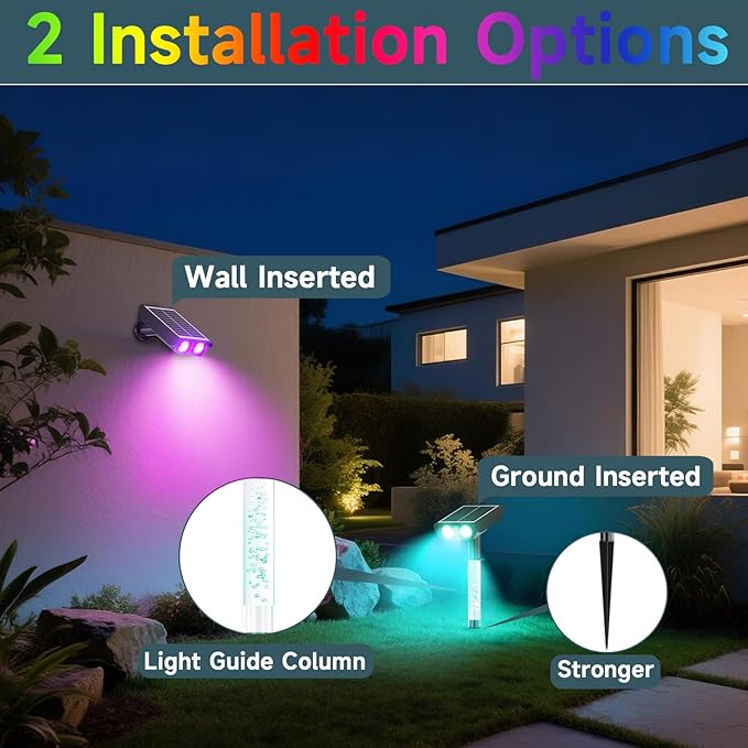 RGB Solar Spot Lights : 2 IN 1 Solar Lights Outdoor with 8 Lighting Modes &amp PC Light Guide Column for Tree Garden Yard Pathway | RGB Color Changing Landscape Lights | IP65 Waterproof | 12 Pack