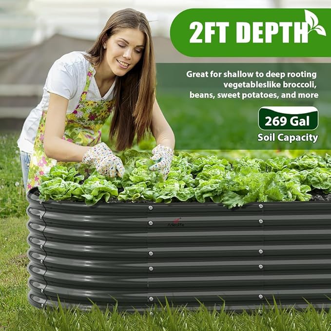 A ANLEOLIFE 6X3X2 ft Galvanized Raised Garden Beds Outdoor-4 Pack Oval Large Metal Deep Root Planter Box for Planting Vegetables Flowers Herb Anti-Rust &amp Easy-Setup Quartz Grey