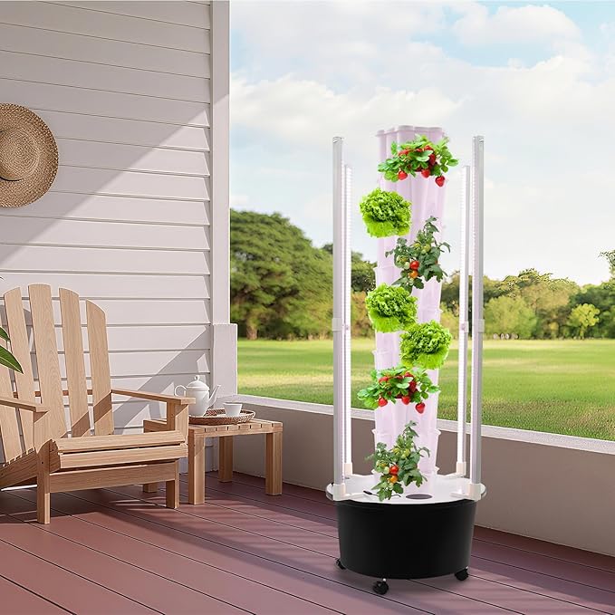 8 Tier Hydroponic Growing Tower with Led Grow Lights Water Pump 48 Planting Pots Vertical Garden Indoor Outdoor Automatic Water Circulation System Locking Wheels for Home Patio Balcony