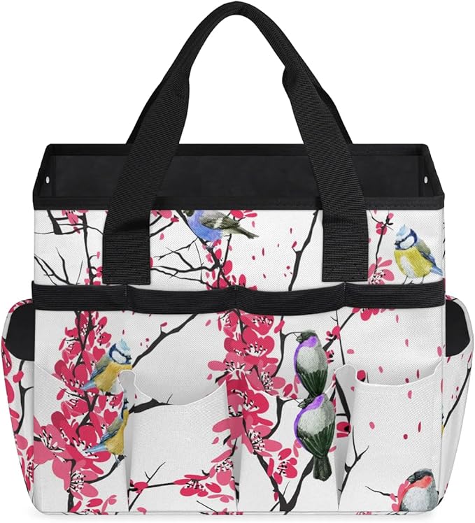Garden Tool BagFloral Bird Tree Branch Gardening Organizer Bag With Pockets Garden Tool Kit Storage Tote for Women Men Garden Tool Set Holder