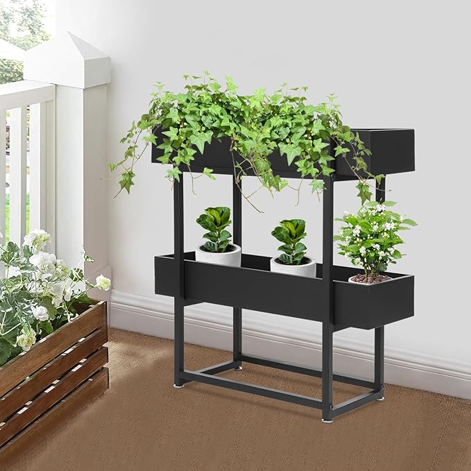 2 Tier Standing Planter Box 29 Inch Outdoor/Indoor Metal Planter Box Elevated Garden Box Raised Garden Bed for Vegetable Flower Herb Fruit