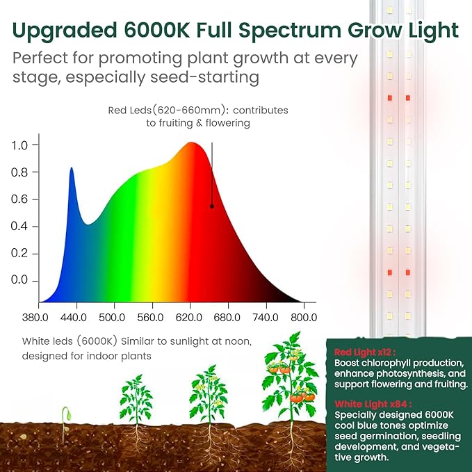 SOLIGT Plant Shelf with Grow Lights 5 Tier Grow Light Stand Rack with 8 Pack 2FT 6000K T8 Full Spectrum Led Grow Lights for Indoor Plants Seed Starting Seedling Growing Timer Included