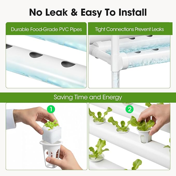 Hydroponics Growing System Kit with Wheels 108 Plant Sites Gardening Aquaponics Tower 4-Tier Food-Grade PVC-U Pipes Water Pump Timer for Leafy Vegetables Indoor Outdoor (34x62x15 in 108 Holes)