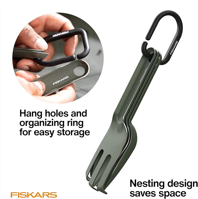 Fiskars 3-Piece Cultivating Tool Set Nesting Trowel Soil Scoop &amp Cultivator for Indoor Gardening Stainless Steel with Powder Coat Finish Space Saving Design for Repotting Houseplants Black
