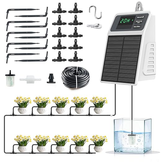 Automatic Solar drip Irrigation System (Solar/USB-C Dual Power) DIY Solar Watering System with Programmable Timer for 15 Potted Plants IPX5 Auto Watering Kit for Indoor Balcony Garden &amp Vacati