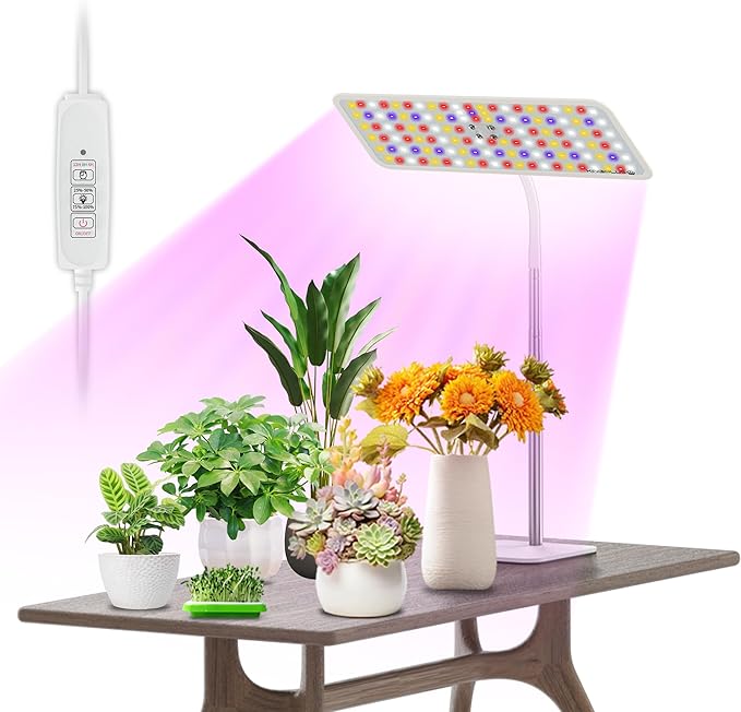 KINGPLUS Grow Lights with Stand Full Spectrum Growing Light for Indoor Plants 120 LEDs 4 Dimmable Levels Timer 4/8/12h 12-60inches Height Adjustable18w Ideal for Desk Small Plants