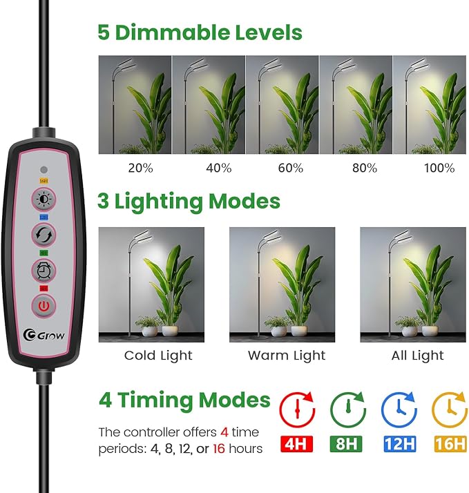 Wiaxulay Grow Light with Stand Full Spectrum Floor Plant Lights for Indoor Growing Height Adjustable 24-68 Ideal for Growing Large Plants 4/8/12/16H Timer3 Lighting Modes306 LED (2 Heads)