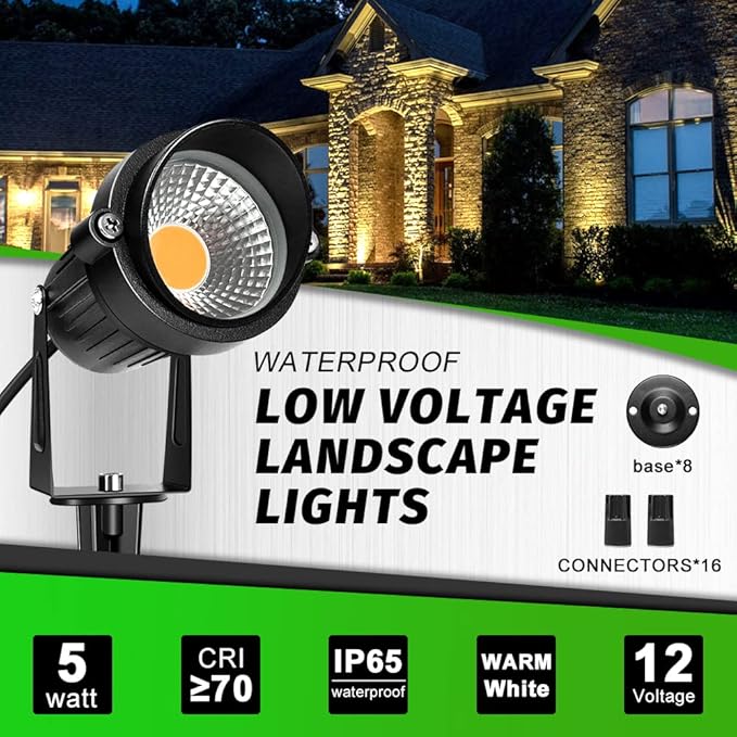 LightingWill 5W Landscape Lighting Warm White 3000K-3500K DC 12V LED Low Voltage Landscape Lights IP65 Waterproof Pathway Lights for Outdoor Garden Yard Fence House Lawn Tree Flags (8 Pack)