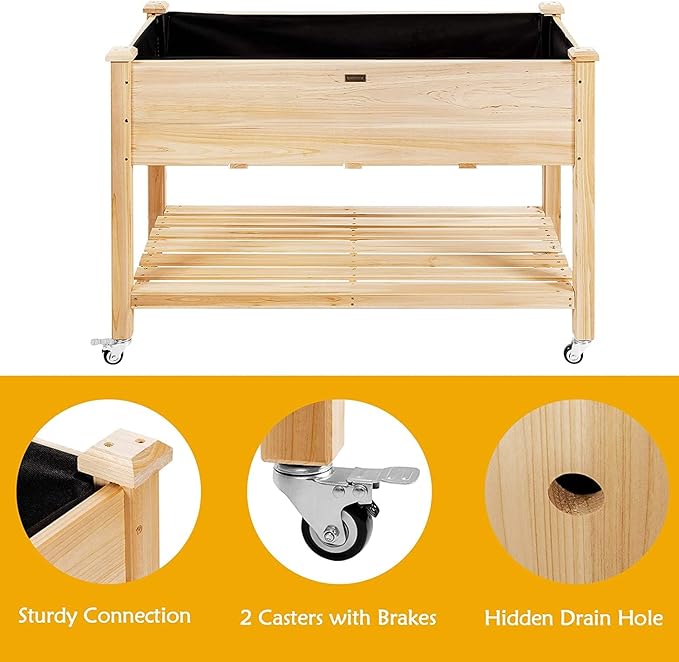 GRAFFY Raised Garden Bed with Lockable Wheels Mobile Elevated Wood Planter Box w/Shelf Wood Planter Box with Legs Liner Drain Holes Outdoor Planting Bed Planting Container for Patio Backyard