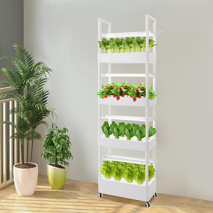 Bepritm Hydroponics Growing System Indoor Hydroponics Growing System Kit with LED Grow Light &amp Auto Circulating Water System Hydroponics Growing Tower (4 TiersWhiteStyleC)