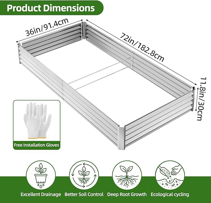 TOMNK Galvanized Raised Garden BedOutdoor Planter Box Metal Patio Kit Planting Bed for Vegetables Flowers HerbSilver6 * 3 * 1 FT