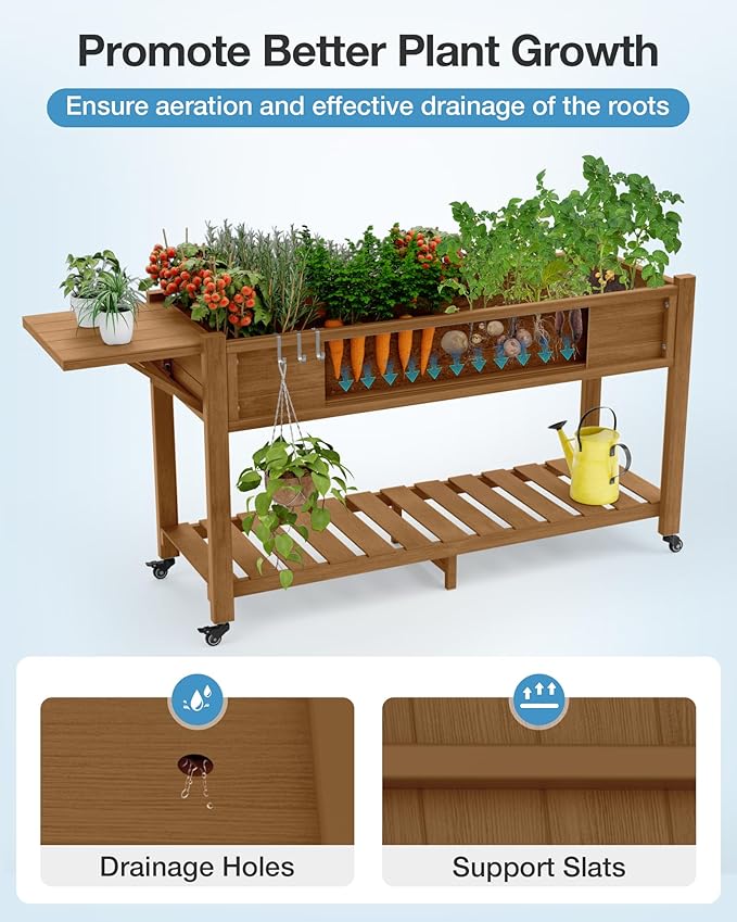 YEFU Raised Garden Bed with Legs: 57x18x30in Elevated Poly Planter with WheelsWaterproof Mobile Raised Bed Garden Elevated Planter Box Stand with Storage Shelffor HerbCarrotTomato (Teak4pcs)