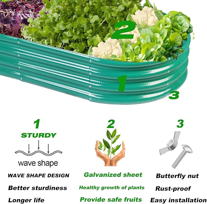 Raised Garden Bed GRS Certified Galvanized Planter Box Outdoor 6.5ft Oval Rot-Resistant Metal Garden Bed Planter Recycled Eco-Friendly Material Planter for Vegetables Flowers Herbs (Green)