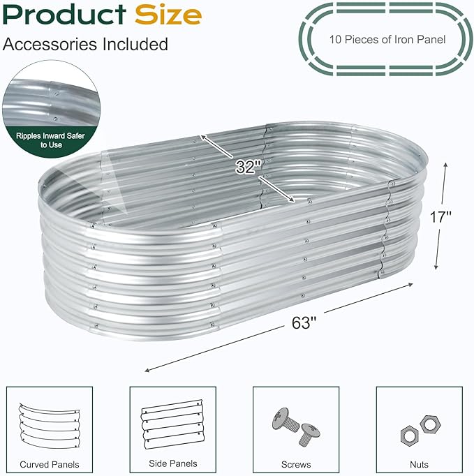 Aoodor Galvanized Raised Garden Bed Kit 5.3 x 2.6 x 1.4 Ft Oval Planter Box for Vegetables Flowers and Herbs Outdoor Use Silver