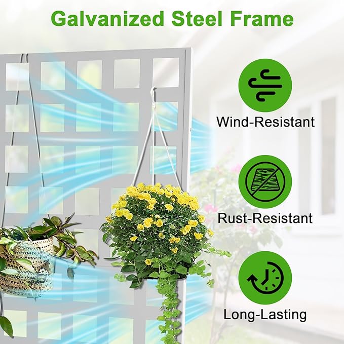 CABIHOME 73 H x 47 W Metal Planter Box with Trellis Outdoor Garden Box with Privacy Screen &amp Drainage Holes Raised Garden Bed with Trellis &amp Wheels Climbing Plants Flower Vegetable White