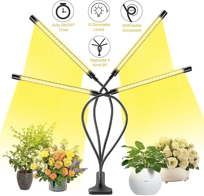 LED Grow Light 4-Head Plant Growing Lamp with Timer 9 Dimming Levels 3 Light Modes USB Powered Flexible Gooseneck (Warm Light)