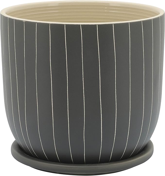 Generic 8 Stripes Planter W Saucer Gray