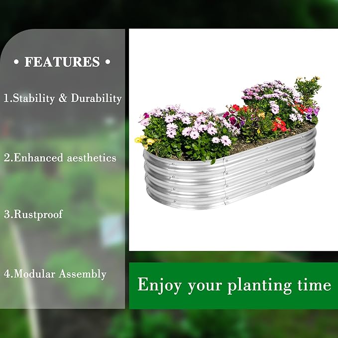 4 x 2 x 1 Ft Galvanized Raised Garden Bed Kit Outdoor Oval Planter Box for Vegetables Flowers Herbs Deep Rooted Silver