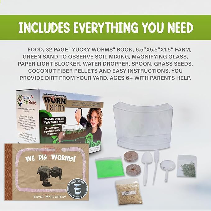 Worm Farm for Kids Shipped with Live Worms Food &amp Book - Worm Farm Kit with Ecosystem Soil Mixing Sand Magnifying Glass &amp More
