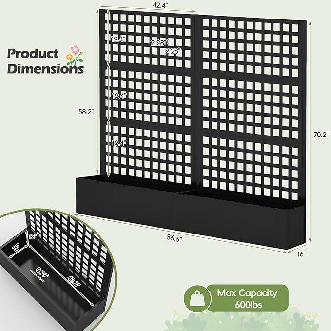 Metal Planter Box with Trellis Black Raised Garden Bed Privacy Screen Planters with Trellis for Climbing Plants Vegetable Flowers Outdoor Indoor Large 2Pcs Set