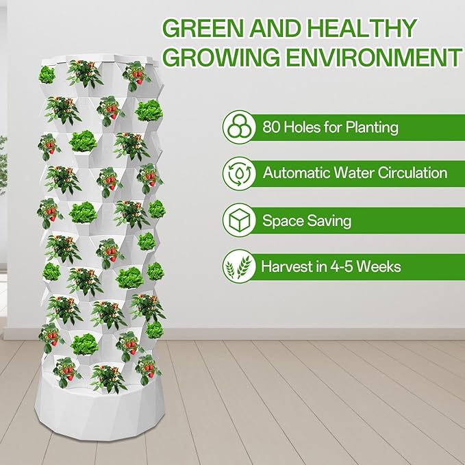 Hydroponic Garden Tower - 80 Slots Hydroponic PlanterVertical Home Gardening System with Water Pump for Indoor Outdoor High-Rise Building