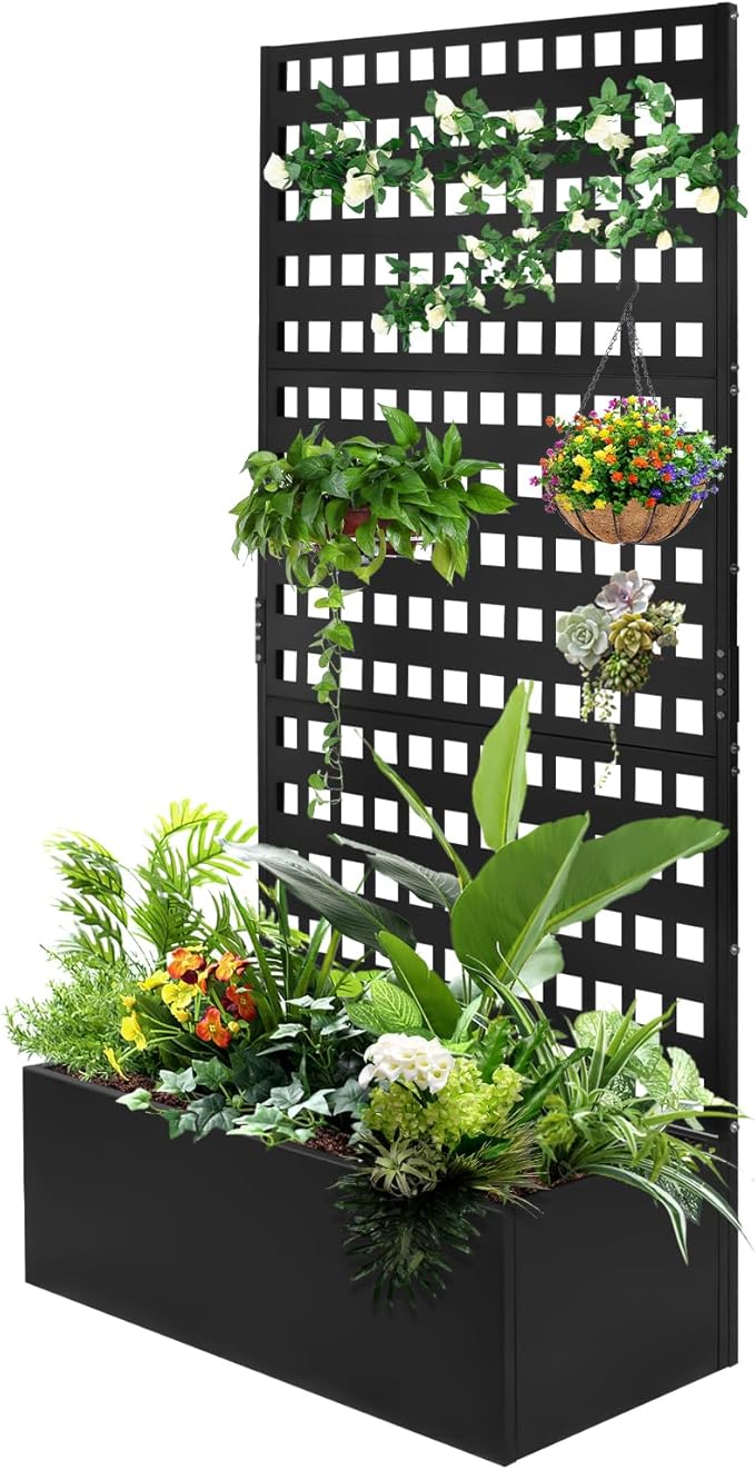Metal Planter Box with Trellis Raised Garden Bed with Drainage Holes Privacy Planters for Patio as a Privacy Screen for Climbing Plants Outdoor (35x18x71Inch)