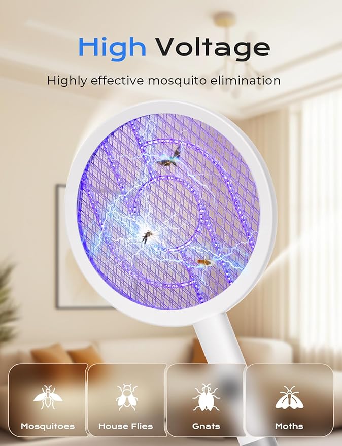 YISSVIC Electric Fly Swatter Bug Zapper Racket 4000V LED Screen Dual Modes Fly Zapper Rechargeable for Indoor Home Office Backyard Patio Camping