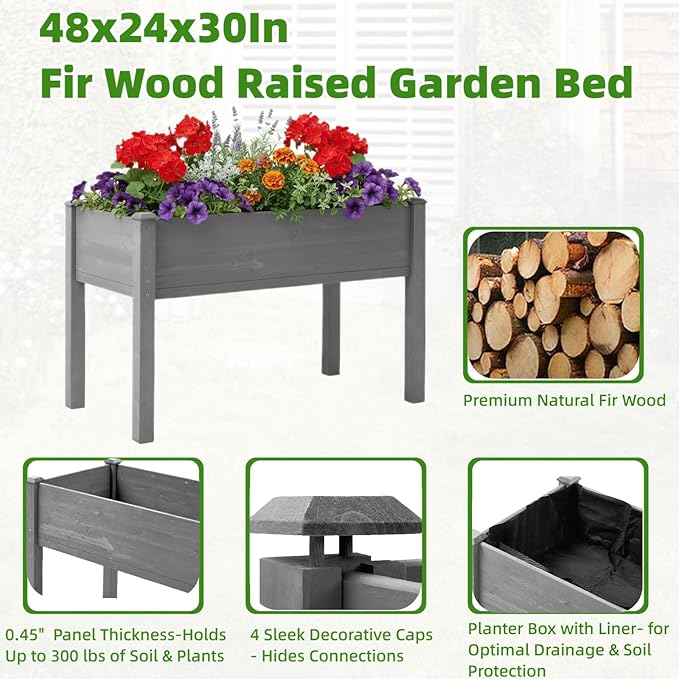 48x24x30In Raised Garden Bed with Legs – Wooden Planter Box with Bed Liner for Outdoor Flowers Vegetable Herb FruitErgonomic HeightPet &amp Animal Proof Plant stand for Backyard Patio Balcony Grey