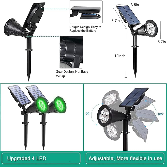 T-SUNUS Green Solar Lights Outdoor 6 Pack IP65 Waterproof 4 LED Solar Spotlight Wall Light Auto-on/Off Security Light Landscape Light for TreePatioYardGardenDrivewayPool Area