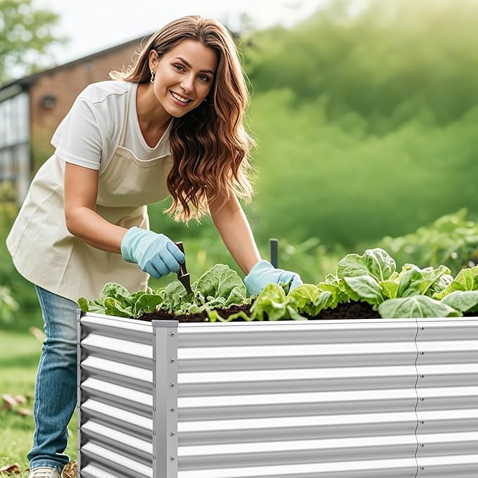 Rectangular Raised Garden Bed Galvanized Garden Planter with Open Bottom Sprayed Plate &amp Corner Protectors Outdoor Metal Planter Box for Vegetables Flowers &amp Herbs (Sliver)