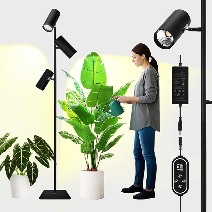 90W Dimmable Grow Light Full Spectrum COB LED Triple-Head Floor Lamp with High CRI 6/8/12H Timer Adjustable Height (43-83) &amp Angle – Standing Grow Lights for Indoor Plants (warm white 4000K)
