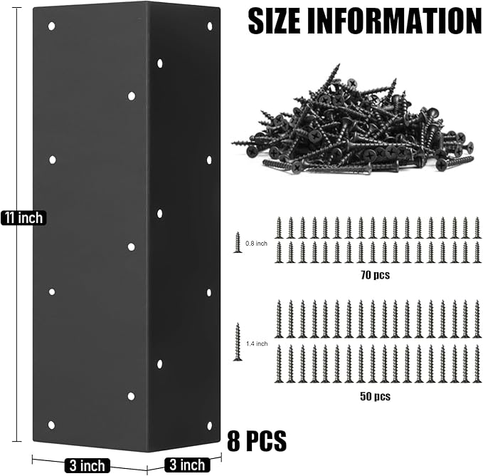 8 Raised Garden Bed Corner Brackets for 20 - 24 Garden Beds L-Shaped Reinforced Connectors (11x3x3) Black Metal with Long and Short Screws