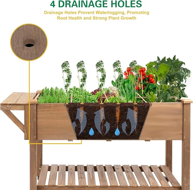 Raised Garden Bed with Wheels Wood Elevated Garden Box with W-Connection Tabsfor Vegetable Flower Herb Large Storage Shelf Easy to Assemble 55.5x24x32in