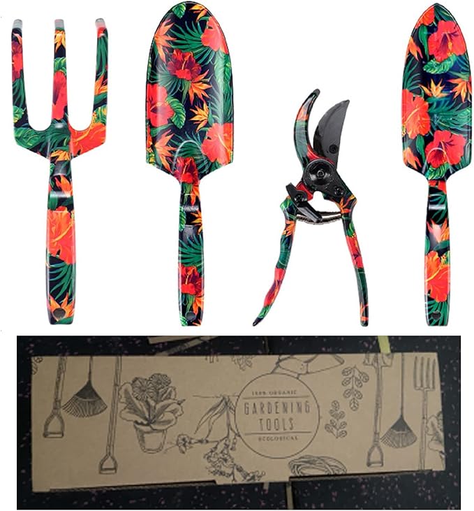 Floral Garden Tool Set 4PCS Gardening Kit with Beautiful Print Gardening Gifts Tools for Women with Transplant Trowel Fork Hand Rake Cultivator /2587 464895