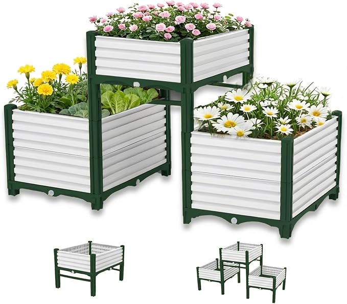 3PCS Raised Garden Beds Outdoor with Legs Planter Box 47x16x21in Reinforced Support Rods Drainage Grid Multi-Combination Options for Vegetables Flowers Herbs Ideal for Balcony Patio Gardening