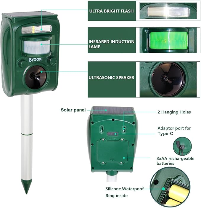 Broox 2026 Upgraded Solar Animal Repellent Cat Repellent Outdoor Squirrel Repellent Deer Repellent Ultrasonic pest Repeller Waterproof IP 65 Motion Detection Dog Raccoon Skunk Rabbit Rodent