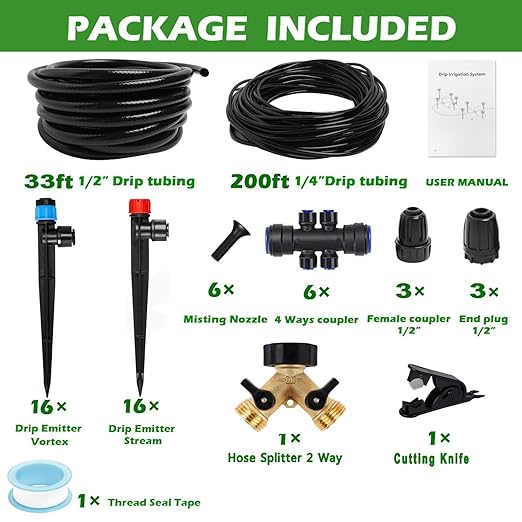 233FT Drip Irrigation System Kit with Quick-Connect System33FT 1/2 Mainline &amp 200FT 1/4 TubingBrass Y-Type SplitterAdjustable Nozzle Types.Efficient Sprinkler System Kit