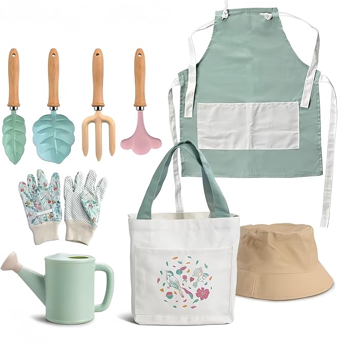 9PCS Gardening Set Toys for Kids Quality Garden Tool Kit Includes Tote Bag Gloves Shovel Rake Cultivator Watering Can Learning Outdoor Gifts for Suitable for Cultivating Interest
