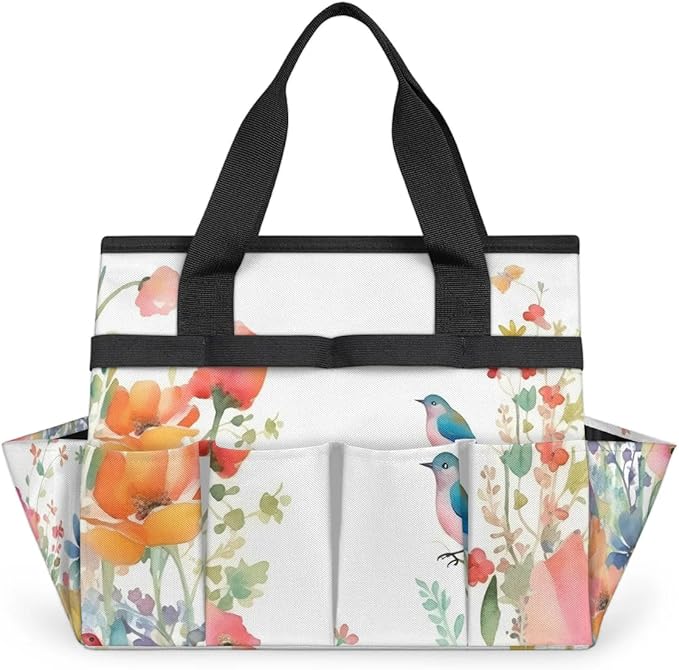Garden Tool BagFloral Spring Flowers Bird Gardening Organizer Bag With Pockets Garden Tool Kit Storage Tote for Women Men Garden Tool Set Holder
