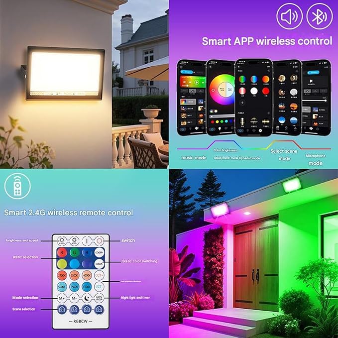 RGB LED Flood Light Outdoor 100W Equivalent Bluetooth Smart Floodlights 16 Million Color Changing Timing Music Sync IP66 Waterproof Landscape Lighting