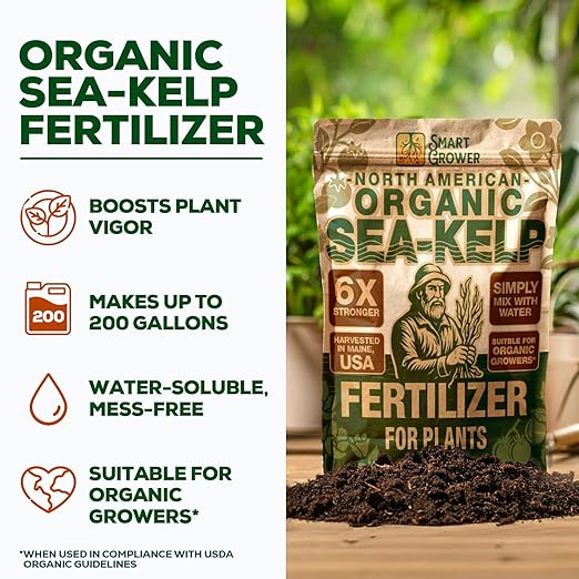 Organic Sea Kelp Fertilizer for Plants – Water-Soluble – Makes 200 Gallons – Kelp Meal Concentrate Plant Food – for Indoor Gardens Hydroponics Vegetables Houseplants - Smart Grower - 8oz Bag