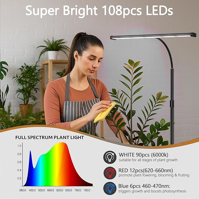 GYTF Super-Bright Plant Grow Light 6000K 108LEDs Full Spectrum Plant Lamp with Timer 4/8/12Hrs &amp Height Extendable for Home Office Desktop Indoor Plants 12V 3A High Power Output for Faster Growt