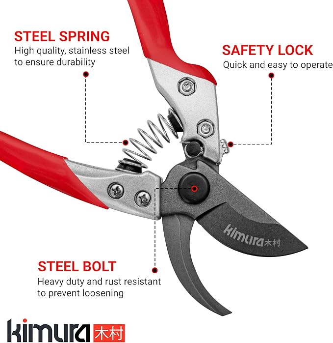 Kimura® 8 Pro Bypass Pruning Shears Heavy Duty Japanese SK5 Steel Blades 1 inch Cut Capacity Non-Slip PVC Coated Handles Lightweight &amp Ergonomic Japanese Pruners Professional Garden Clipper
