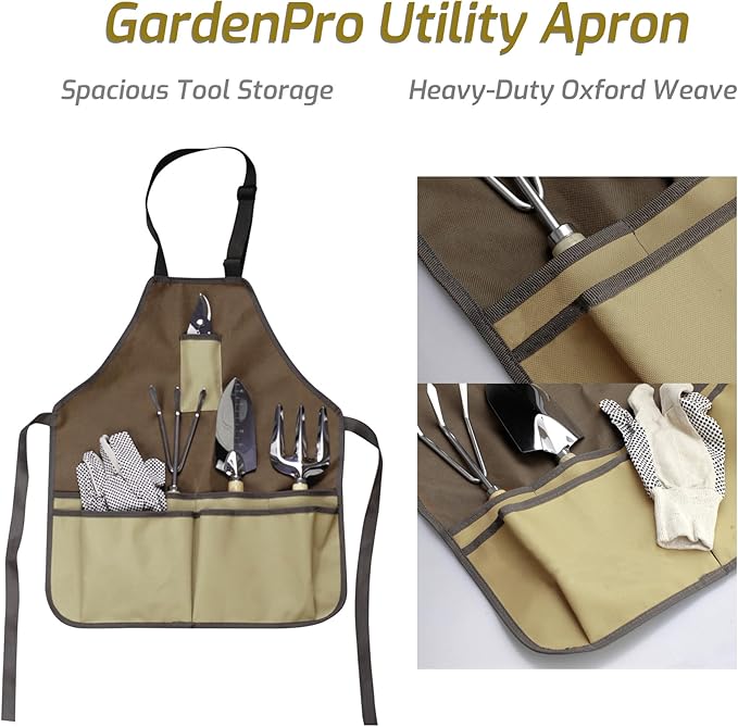 13-Piece Garden Tools Set with Tote Bag &amp Apron Repotting Mat - Stainless Steel Heavy Duty Planting Kit Ergonomic Non-Slip Handles - Gardening Gift for Women Mom Home Gardeners